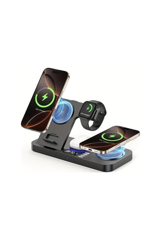 Topshop1 Beyaz 30w Alarmli Kablosuz Sarj Cihazi 6si 1 Arada Rgb Karanlikta Parlayan Hizli Sarj Istasyonu İphone Uyumlu İwatch İcin