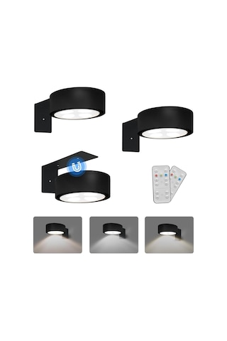 Moveevo 3'lü Manyetik Sanat Işığı - Siyah Kasa, 3 Renk Seçeneği, Uzaktan Kumanda İle Parlaklık Ayarlı, Pilli Tavan/duvar Işığı Siyah