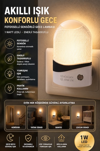 1 Watt Fotoselli Sensörlü Led Gece Lambası Otomatik Yanan Koridor Yatak Çocuk Odası Aydınlatma Beyaz
