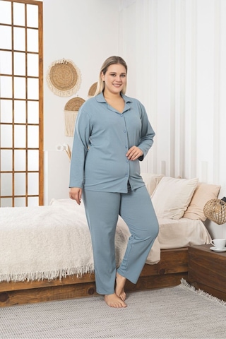 Büyük Beden Boydan Düğmeli Kaşkorse Kumaş Pijama Takımı Mavi