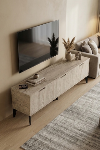 Reyo Falez Royal Tv Sehpası 160 Cm Tv Ünitesi Kapaklı Modern Şık Minimal Salon Konsolu 5092 Traverten