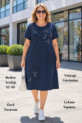 Cedy Denim Cedy Denım - Kadın Büyük Beden Taş Detaylı Rahat Kalıp Günlük Elbise Lacivert