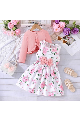 2-12y Bebek Seti Çocuk Giyim İlkbahar Ve Sonbahar Modelleri Kız Çocuk Renkli Halter Elbise + Saf Moda Çocuk Günlük Ceket Takım Pembe