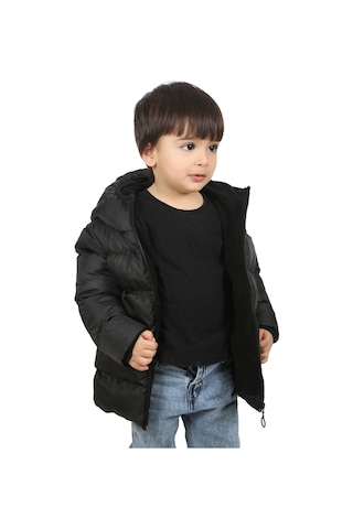 Freemen Erkek Çocuk Siyah Polarlı Kapüşonlu Su Geçirmez Rüzgara Dayanıklı Şişme Kışlık Mont Siyah