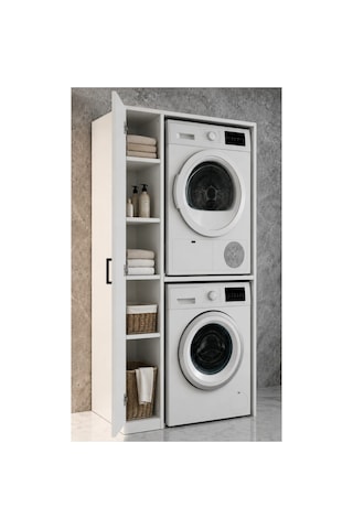 Rudu Sera Çamaşır Ve Kurutma Makinesi Dolabı, Banyo Dolabı 92x65x184 Cm 1 Kapaklı 5 Raflı-beyaz