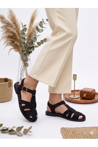 Altın Pabuç Kadın Sandalet Kaymaz Rahat Yumuşak Ortopedik Taban Günlük Önü Kapalı Yazlık Sandalet Siyah