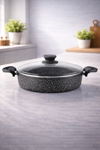 Diez 32 Cm Granit Basık Tencere Siyah Yapışmaz Karnıyarık & Pilav Tenceresi Cam Kapaklı