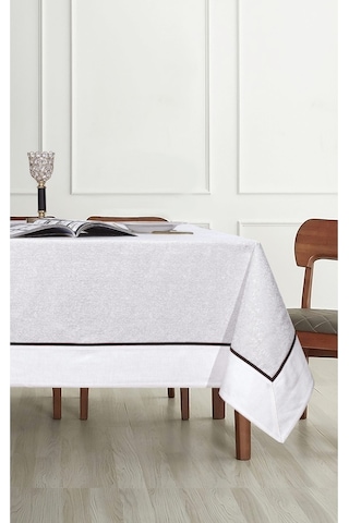 Tropik Home Pamuklu Bordürlü Biyeli Lüks Masa Örtüsü 160x260 CM Beyaz