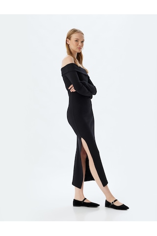 Koton Midi Elbise Fitilli Kayık Yaka Yırtmaç Detaylı Slim Fit Uzun Kollu Siyah 5wal80057ık Siyah