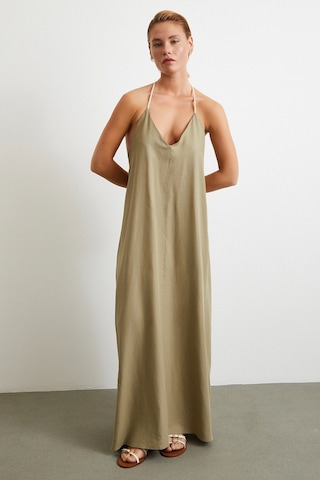 İp Askılı Keten Elbise Haki Haki