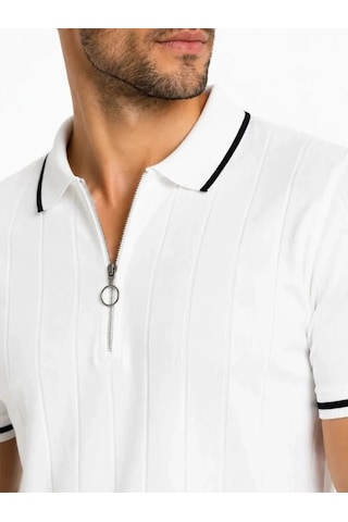 DefyModa Erkek Fitilli Triko T-shirt Polo Yaka Yarım Fermuarlı Kısa Kollu Tişört - Beyaz