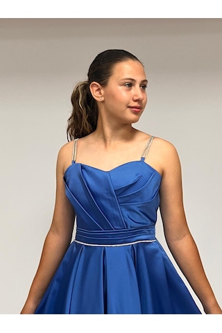 Butikhappykids Kız Çocuk Abiye İndigo Taş Kordon Askılı Kalp Yaka Mat Saten Kuyruklu Abiye Elbise 10-15 Yaş İndigo