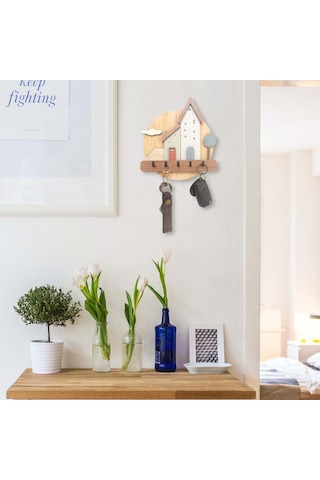 CajuArt Pastel Renkli Evler Ahşap Anahtarlık Hol Antre Askılık Duvar Dekor Kahverengi