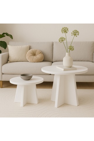 Luna Model 2 Li Orta Sehpa Seti, 58 Cm, 40 Cm Çaplı, Yükseklik 39 Cm, 46 Cm İskandinav Stil Beyaz