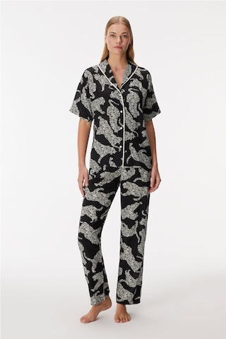 Anıl Zebra Kadın Kısa Kollu Önden Düğmeli Gömlek Pijama Takım Siyah