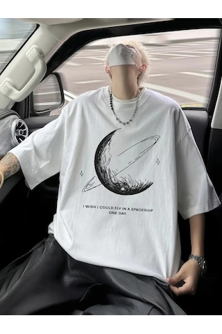 Baskılı Oversize Bisiklet Yaka Tshirt Beyaz