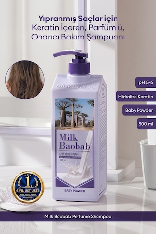 Yıpranmış Saçı Onaran Parfümlü Keratinli Şampuan Mılk Baobab Perfume Shampoo Baby Powder Tüm Saç Tipleri