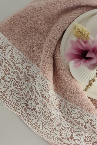 Gipür Dantelli Banyo Havlusu Takımı-%100 Pamuk Banyo Seti-gelin Havlusu Gulkurusu Gül Kurusu