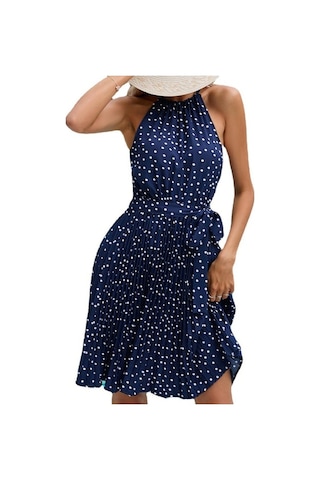 Novahub Yaz Kadın Elbise, Asılı Boyun, Pileli Plaj Elbise, Şarap Kırmızısı, Elastik Bel, Orta Etek, Lekeli Desen, Kolsuz, Polyester %100, Mizaç Ve Zarafet Şarap Kırmızısı