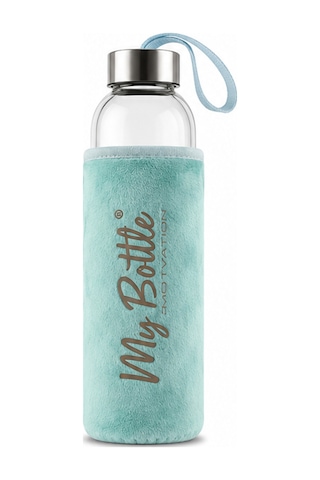 My Bottle Peluş Kılıflı Cam Matara Taşıma Askılı Şık Su Şişesi Turkuaz