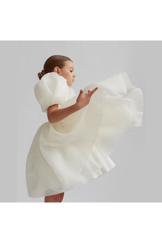 Balon Kollu Organze Tasarım Abiye - Kristal Tüllü Organze