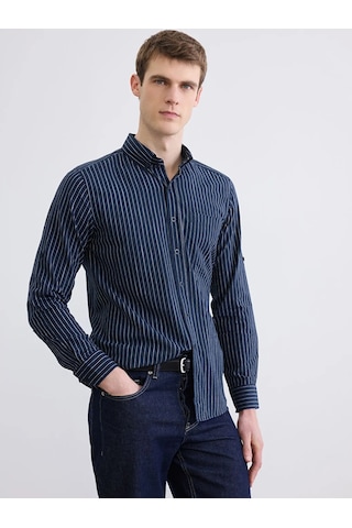 Lc Waikiki Lacivert Regular Fit Çizgili Erkek Keten Karışımlı Gömlek