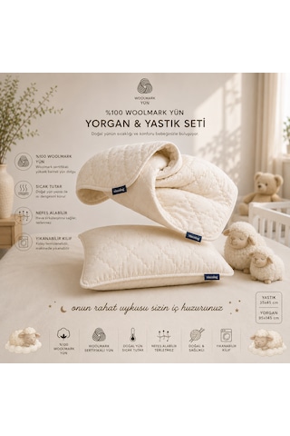 Viscolog %100 Woolmark Doğal Yün Bebek Uyku Yorgan ve Yastık Seti Tela Çantalı