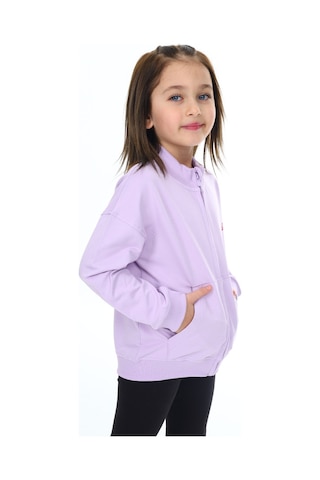 Toontoy Kız Çocuk Lila Dik Yaka Fermuarlı Düşük Omuz Cepli Nakış Baskılı Örme Hırka - 2 İplik Şardonlu Lila