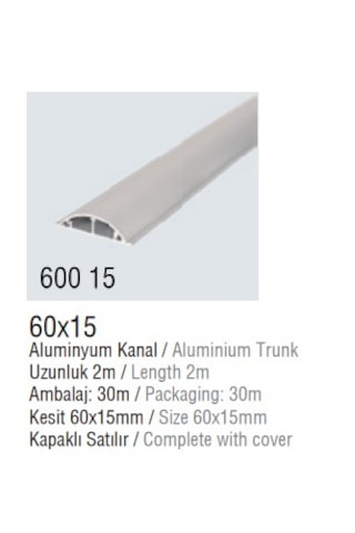 Aluminyum Balıksırtı Kablo Kanalı 60x15 (50x16) , Boy: 2 Metre - Aluminyum Balıksırtı Kablo Kanalı 60x15, Boy: 2 Metre