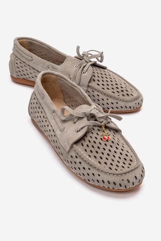 Luvishoes Stevo Bej Süet Hakiki Deri Delikli Bağcıklı Kadın Loafer Ayakkabı