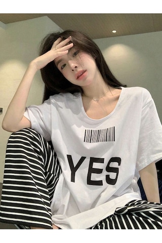 Yes Barkod T-shirt - Beyaz Baskılı Oversize Bisiklet Yaka Kısa Kol Beyaz