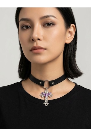Kadın Gotik Haç Choker Kolye Siyah Deri Boyunluk, Taşlı Haç Kolye Ucu, Y2k Punk Gothic Kolye Mor
