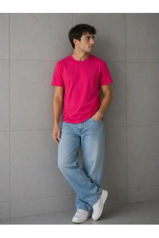 Defymoda Erkek Basic Pamuklu Tişört Bisiklet Yaka Düz Renk Regular Fit T-shirt - Fuşya