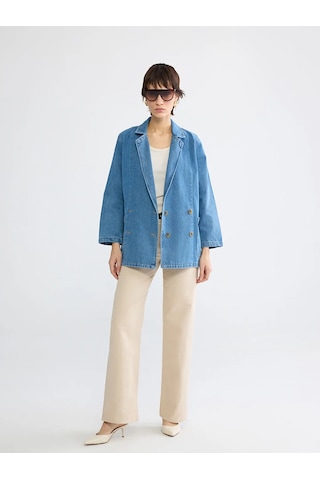 Lc Waikiki Lacivert Kruvaze Yaka Kadın Jean Blazer Ceket