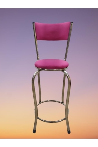 Sandalye BAR Tipi Yüksek Model  PEMBE FUŞYA 1 adet Metal Çelik nikelaj Suni deri döşeme El Yapım Pembe