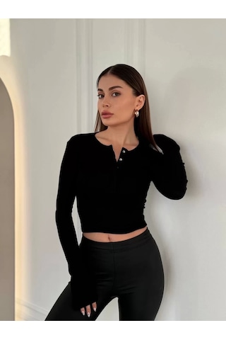 Cıt Cıt Detaylı Uzun Kollu Crop - Siyah Siyah