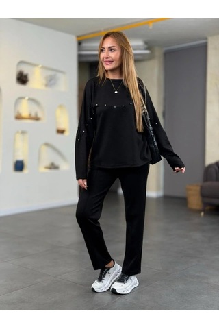 Tua Moda Kadın Inci Detay Modal Kumaş Ikili Takım Siyah