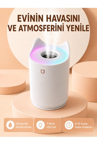 Hava Nemlendirici Buhar Makinesi Aromaterapi Led Işıklı Oda Nemlendirici Beyaz