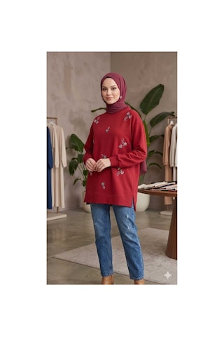 Butik Kadın Boncuk Taş İşlemeli Sweatshirt Bordo Bordo
