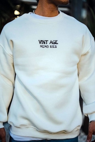 Mbb E-ticaret Erkek Bisiklet Yaka 3 İplik Pamuklu Baskılı Sweatshirt - Beyaz