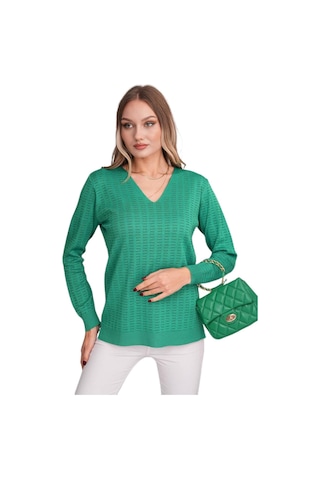 Kadın V Yaka Simli Kazak 12809 Bgl-st04106 Yeşil