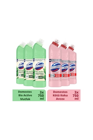 Domestos Beyaz Sabun Ferahlığı Çamaşır Suyu 3 x 750 ML + Domestos Mutfak Bio Active Çamaşır Suyu 3 x 750 ML