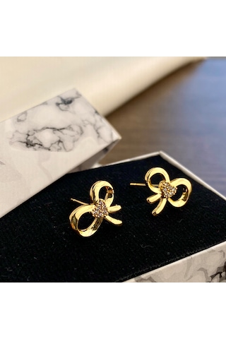 Fiyonk Küpe Zirkon Taşlı Çelik Gold