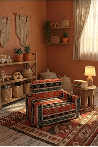 Çocuk Koltuğu Komple Sünger Katlanabilir Yataklı Minder Yatak 0-4 Yaş Siyah Kilim Desen Standart