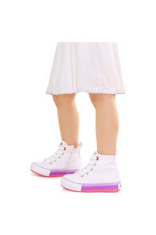 Kiko Kids Tinna Bağcıklı Kız Bebek Boğazlı Keten Spor Ayakkabı Beyaz - Pembe