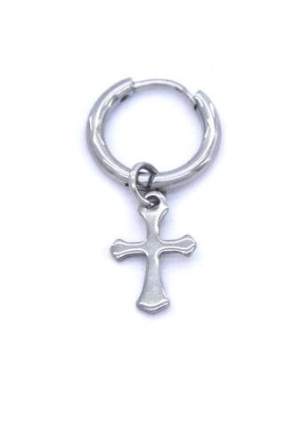 FerizZ 316L Çelik Unisex Tek Haç Küpe UNK-479 Beyaz