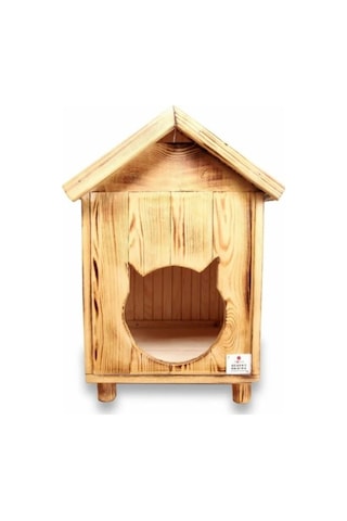Dış ve İç Mekana Uygun Kapısı Kedi Figürlü Ahşap Kedi Evi 35 x 40 x 40 CM