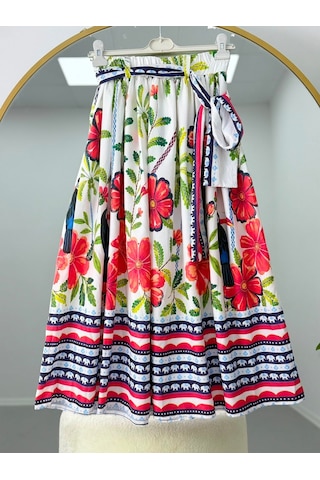 Lovie Moda Karışık Çiçek Desenli Kuşaklı Tesettür Etek Beyaz