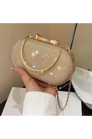 Willowhaven Siyah Parlak Klaket Çanta Kadın Gece Çantası Dayanıklı Altın Zincirli Siyah