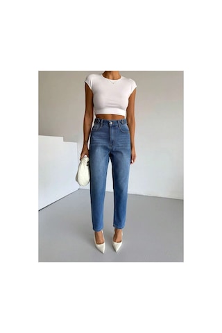 Kene Jeans Mavi Kemer Apolet Detaylı Mom Jeans Mavi